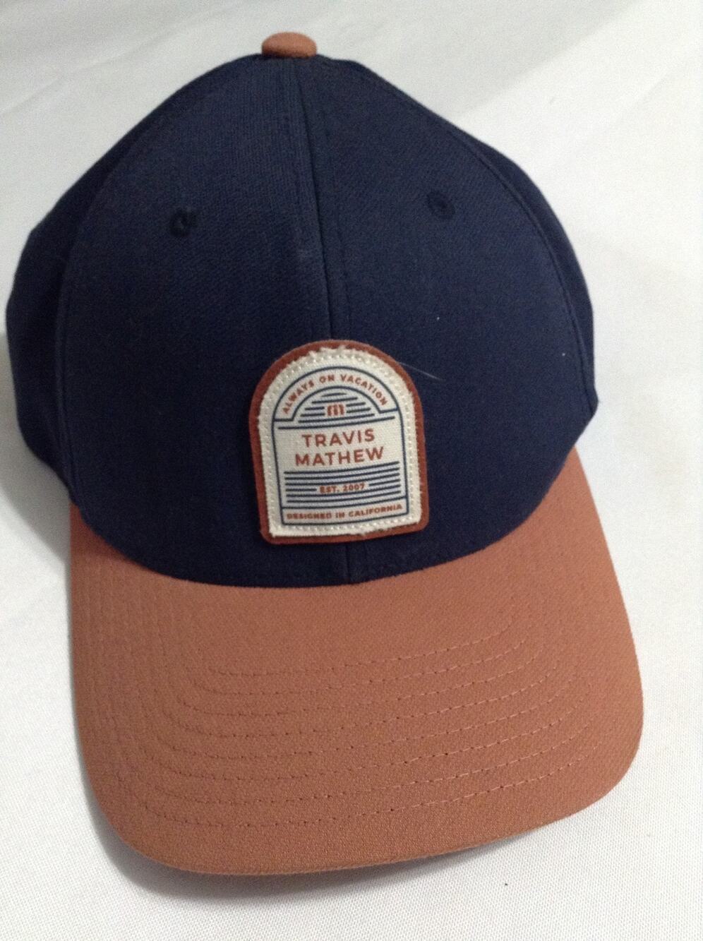 TravisMathew Golf Hat Mens Navy Blue Brown Always On Vacation Flexfit 110 Snap